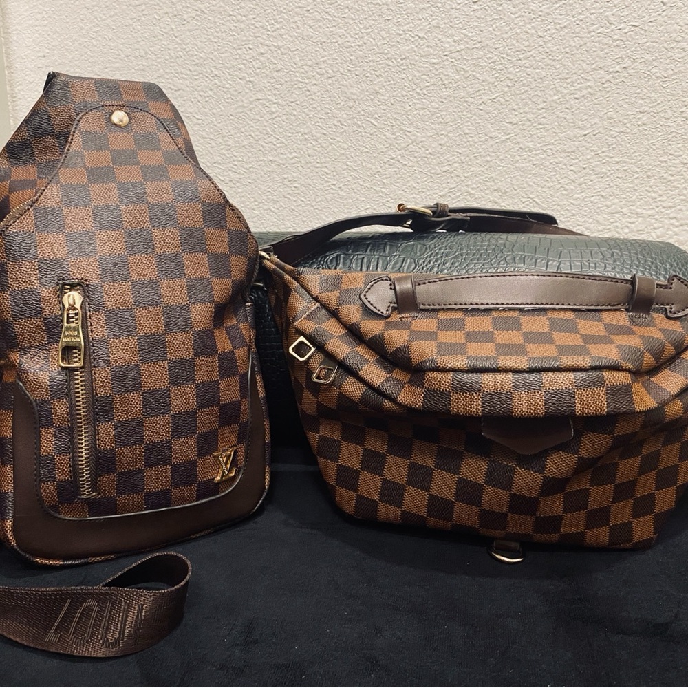 (2 PC’s) Brown Checkered Backpack and Crossbody Set